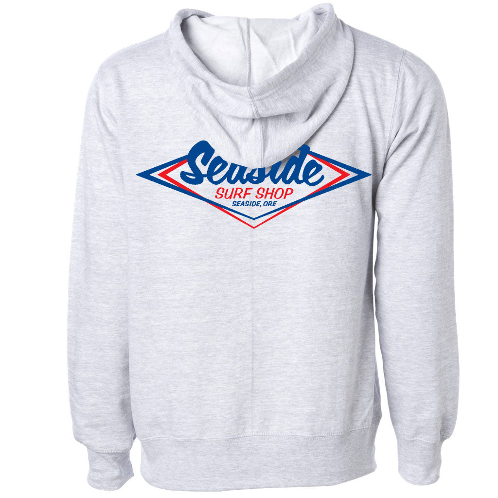 Seaside Surf Shop Mens Vintage Logo Hooded Pullover Sweatshirt - Grey Heather/Red Blue - Seaside Surf Shop 