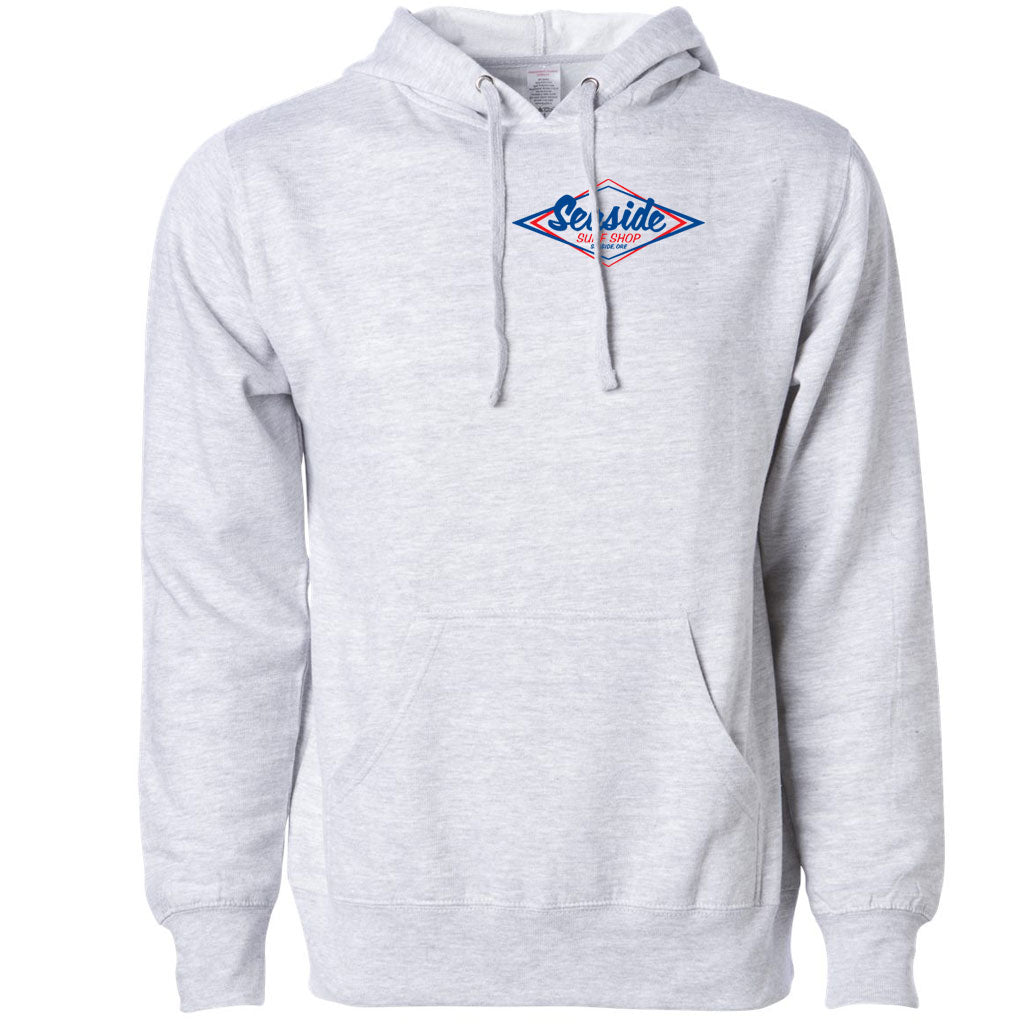 Seaside Surf Shop Mens Vintage Logo Hooded Pullover Sweatshirt - Grey Heather/Red Blue - Seaside Surf Shop 