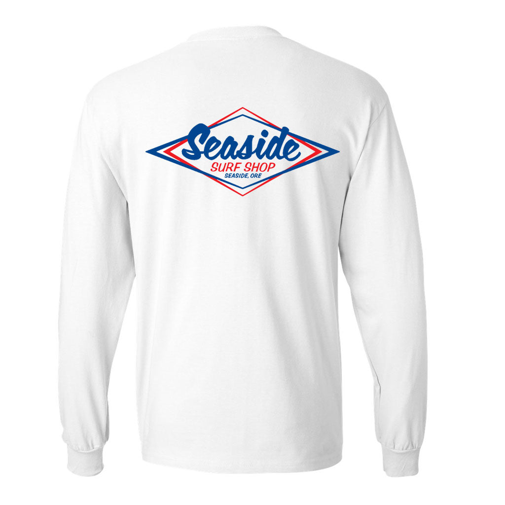 Seaside Surf Shop Mens Vintage Logo L/S Tee - White/Blue Red - Seaside Surf Shop 