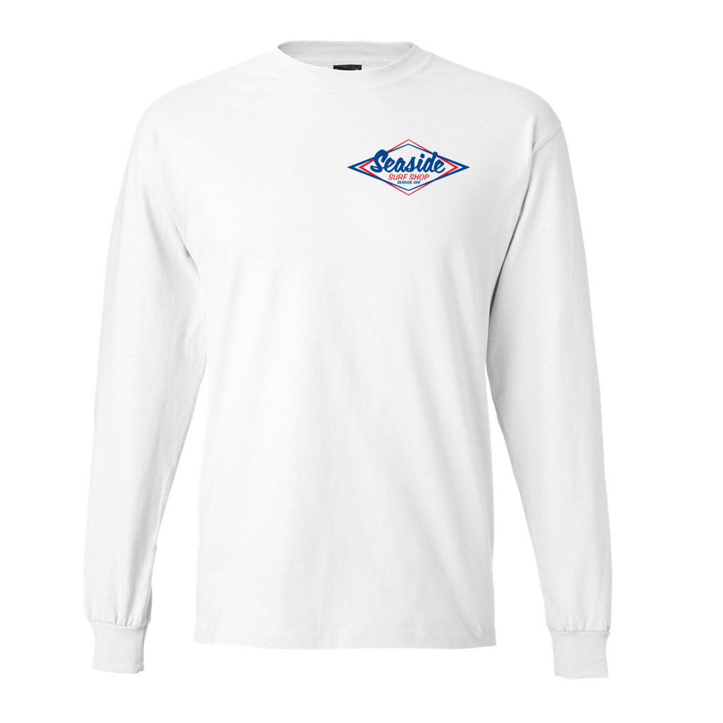 Seaside Surf Shop Mens Vintage Logo L/S Tee - White/Blue Red - Seaside Surf Shop 