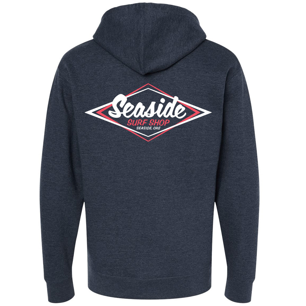 Seaside Surf Shop Mens Vintage Logo Zip Hoody - Classic Navy Heather/White Red Logo - Seaside Surf Shop 